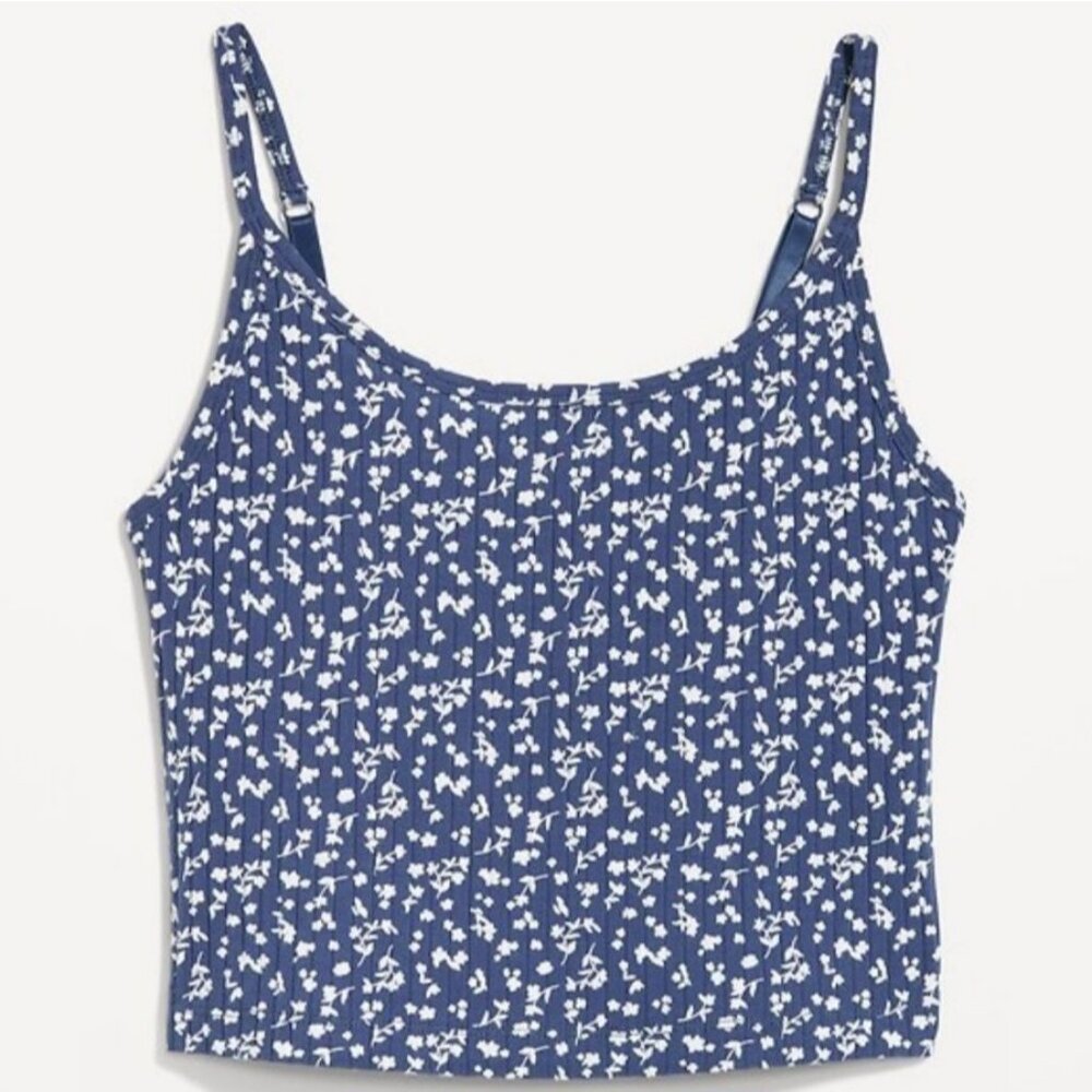 NWT Old Navy Blue Floral Crop Cami Top Shelf Bra Cotton Womens M Bloom Cottage